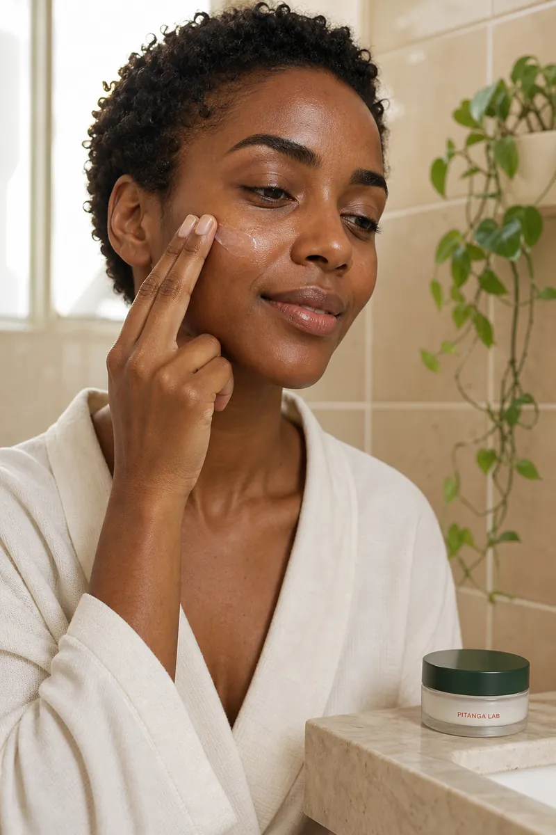 Woman with deep brown skin applying gel cream to her cheekbone in a sand-tiled bathroom, Pitanga Lab jar on the basin.