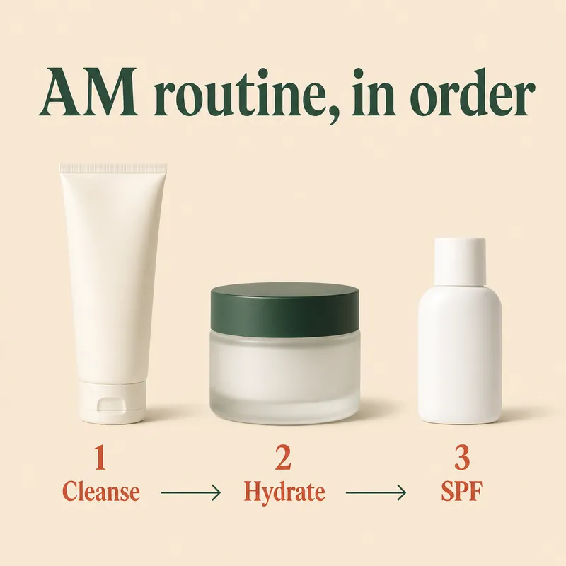 Carousel cover reading 'AM routine, in order' with a cleanser, gel cream and sunscreen labelled Cleanse, Hydrate, SPF.
