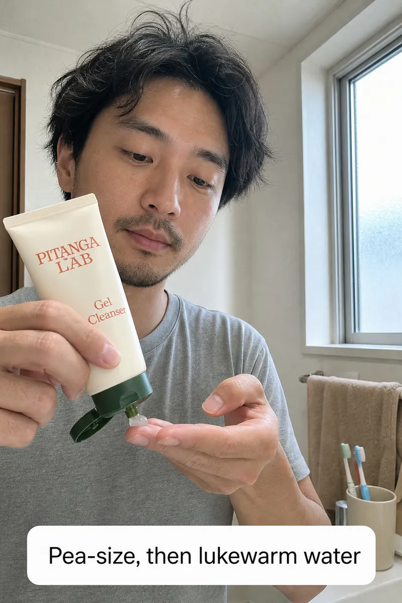 Man at a bathroom mirror squeezing Pitanga Lab Gel Cleanser onto his fingertips, subtitle 'Pea-size, then lukewarm water'.