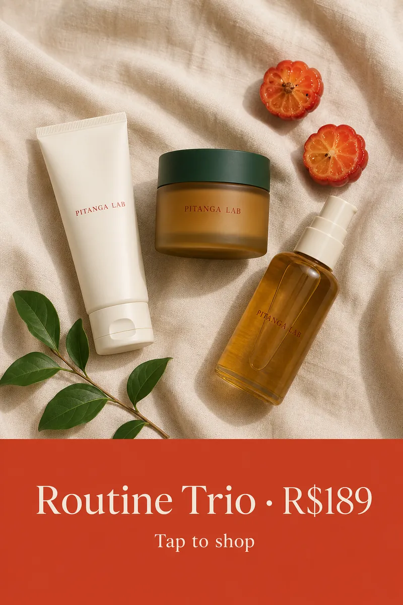 Story ad with a cleanser, gel cream and body oil on sand linen above a red panel reading 'Routine Trio, R$189, Tap to shop'.
