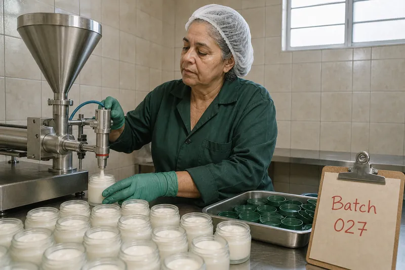 Lab technician in a green coat filling frosted skincare jars from a steel filler, with a clipboard tag reading Batch 027.